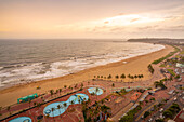 Elevated view of beaches, promenade and Indian Ocean, Durban, KwaZulu-Natal Province, South Africa, Africa