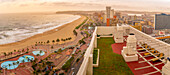 Elevated view of beaches, promenade and Indian Ocean, Durban, KwaZulu-Natal Province, South Africa, Africa