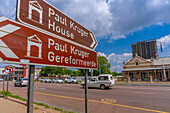 View of road sign and Ditsong Kruger Museum, Paul Kruger's former home, Pretoria Central, Pretoria, South Africa, Africa