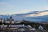 View of the Royal Palace of Madrid, the official residence of the Spanish royal family, from the Parque la Montana in the city center, Madrid, Spain, Europe