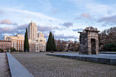 View of the ancient Nubian Temple of Debod, dismantled as part of the International Campaign to Save the Monuments of Nubia, rebuilt in Parque de la Montana, Madrid, Spain, Europe