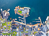 Aerial view taken by drone of the center of Svolvaer, a famous fisherman's village in Lofoten Islands, Nordland, Norway, Scandinavia, Europe