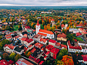 Aerial drone view of the Medieval Cesis Old Town, Cesis, Latvia, Baltics, Europe