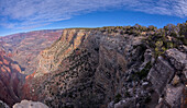 View of the cliffs of the Abyss Overlook along Hermit Road, with Mohave Point in distance left of centre, Grand Canyon, Arizona, United States of America, North America