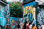 Beco do Batman, the nickname for the area around the Vila Madalena neighborhood with its dense concentation of graffiti lining the streets, popular with tourists, Sao Paulo, Brazil, South America