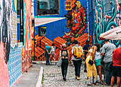 Beco do Batman, the nickname for the area around the Vila Madalena neighborhood with its dense concentation of graffiti lining the streets, popular with tourists, Sao Paulo, Brazil, South America