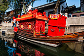 Red wedding boat, Zhouzhuang water town, Jiangsu, China, Asia