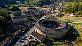 Aerial of the Hekeng Fujian Tulou, UNESCO World Heritage Site, rural dwelling of the Hakka, Fujian, China, Asia