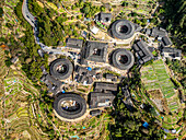 Aerial of Tianluokeng, UNESCO World Heritage Site, Fujian Tulou, rural dwelling of the Hakka, Fujian, China, Asia