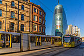 View of city tram in Exchange Square, Manchester, Lancashire, England, United Kingdom, Europe