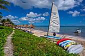 View of boats and sea near Puerto Morelos, Quintana Roo, Caribbean Coast, Yucatan Peninsula, Riviera Maya, Mexico, North America