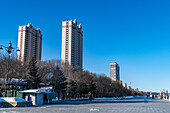 High rise buildings on the Amur river banks, Heihe, Heilongjiang, China, Asia