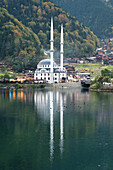 Uzungol Mosque reflected in the lake, Trabzon, Turkey, Asia Minor, Asia