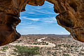 Ausblick von den Felsmalereien von Laas Geel, nahe Hargeisa, Somaliland, Somalia, Afrika