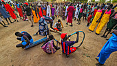 Musicians with cow horn at a traditional Dinka wedding, Bor, central region, South Sudan, Africa