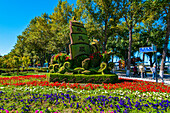 Flood monument in form of flowers in floral display, Harbin, Heilongjiang, China, Asia