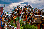 Padlocks to bring luck in love, the monastery complex of Wudai Shan (Mount Wutai), UNESCO World Heritage Site, Shanxi, China, Asia