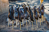 Geräucherter Fisch am Spieß, UNESCO-Welterbestätte, Nikko, Präfektur Tochigi, Kanto, Honshu, Japan, Asien