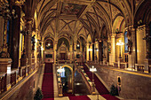 Hall with staircase and decoration inside Hungarian Parliament, Budapest, Hungary, Europe