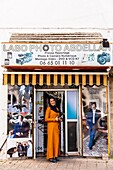 Morocco, Casablanca, Habous district, Zineb in front of his photographe shop