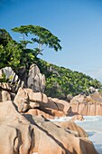 Seychelles, La Digue island, Petite Anse beach and granite rocks