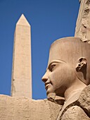 Egypt, Upper Egypt, Nile Valley, Luxor, Karnak World Heritage Site, Temple dedicated to the god Amun, Obelisk and Tutankhamen statue