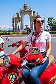 Italy, Campania, Naples, historical centre listed as World Heritage by UNESCO, Lungomare, Via Partenope, young italian on a bike front of the Fontana del Gigante