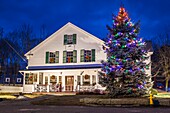 United States, New England, Massachusetts, Cape Ann, Gloucester, Annisquam Village Hall with Christmas Tree, dusk