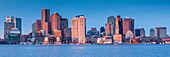 United States, New England, Massachusetts, Boston, city skyline from Boston Harbor, dawn