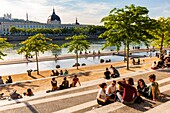 France, Rhone, Lyon, historical site listed as World Heritage by UNESCO, quay Victor Augagneur, Rhone River banks with a view of Hotel Dieu and Notre Dame de Fourviere Basilica