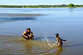 Cambodia, Kompong Thom province, Kompong Thom or Kampong Thom, children playing in the flooded ricefields