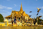 Cambodia, Phnom Penh, the Royal Palace, residence of the King of Cambodia, built in 1860, children playing with the pigeons