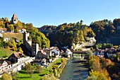 Switzerland, Canton of Fribourg, Fribourg, Sarine River (Saane River) banks, Gotteron tower gate and Bern wooden covered bridge