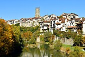 Switzerland, Canton of Fribourg, Fribourg, Sarine River (Saane River) banks, view from fortifications and San Nicolas Cathedral