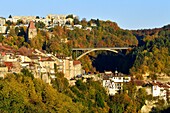 Switzerland, Canton of Fribourg, Fribourg, Lower Town, fortifications and Gotteron bridge