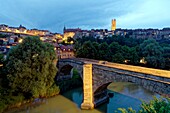 Schweiz, Kanton Freiburg, Freiburg, Unterstadt, Ufer der Saane, Johannesbrücke und Nikolauskathedrale