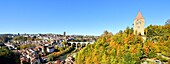 Schweiz, Kanton Freiburg, Freiburg, die Festungsanlagen, die Kathedrale San Nicolas und die Zähringerbrücke und die Hoya-Brücke über die Saane (im Hintergrund)