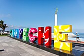 Mexico, Campeche state, Campeche, fortified city listed as World Heritage by UNESCO, the letters and Maya Word sculpture (by Jorge Marin)