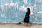 Mexico, Chiapas state, San Cristobal de las Casas, Tzotzil woman before a painted wall