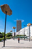 France, Paris, along the GR® Paris 2024 (or GR75), metropolitan long-distance hiking trail created in support of Paris bid for the 2024 Olympic Games, Maison Blanche district, Rocks in the Sky by the French artist Didier Marcel at the entrance of Kellermann park