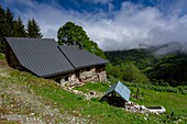 France, Savoie, Montsapey, the chalet du Tour, former alpine building dating from the mid-nineteenth century located at 1400 m altitude on the paths of La Lauzière, and participating in the 2018 Heritage Lotto