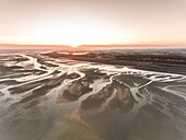 France, Somme, Baie de Somme, La Mollière d'Aval, flight over the Baie de Somme near Cayeux sur Mer, here the shoreline consists of the pebble cord that extends to the cliffs of Ault and at low tide the sandbanks extend to view