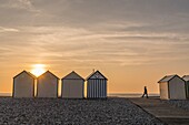 France, Somme, Cayeux sur Mer, the beach cabins on the longest boardwalk in Europe