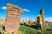 Armenia, Gegharkunik region, surroundings of Sevan, Noraduz (or Noratus), cemetery of medieval tombs called khachkars on the banks of Sevan lake