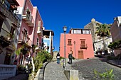 Italy, Sicily, Aeolian Islands, listed as World Heritage by UNESCO, Lipari Island, Lipari, street of the old town that goes up to the citadel