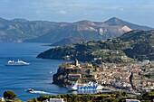 Italy, Sicily, Aeolian Islands, listed as World Heritage by UNESCO, Lipari Island, the town of Lipari and Vulcano Island volcano in the background