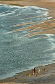 Marokko, Oued Ed-Dahab, Dakhla, Familie und ihre Hunde spazieren am Strand bei Sonnenuntergang