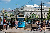 Sweden, Vastra Gotaland, Goteborg (Gothenburg), trams on the main street Kungsportsavenyen with a view of the Stora Teatern