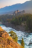 Canada, Alberta, Canadian Rocky Mountains listed as UNESCO World Heritage Site, Banff National Park, the Banff Springs Hotel, the Bow River with the Bow Falls