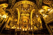 Italy, Sicily, Palermo, palace of the Norman kings, from 12th century, and before punic fortress, roman fort, castle of the arab emirs, and finally seat of the regional sicilian assembly, Palatine chapel, ancient mosaïcs and Byzantine scenes